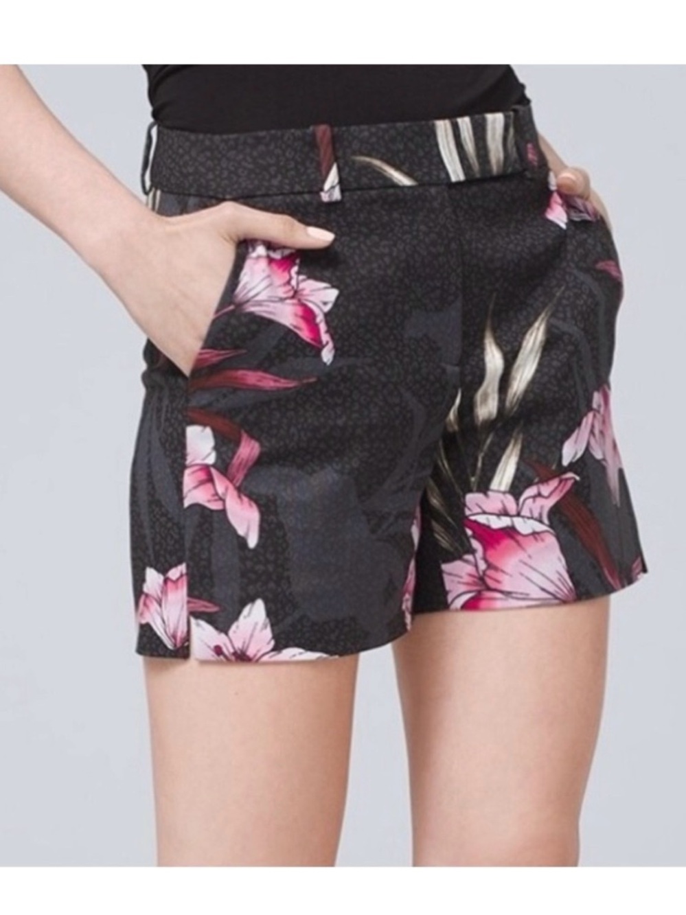 WHBM Floral Print 5" Dark Charcoal Shorts with Pink Floral Accents - Sz 12